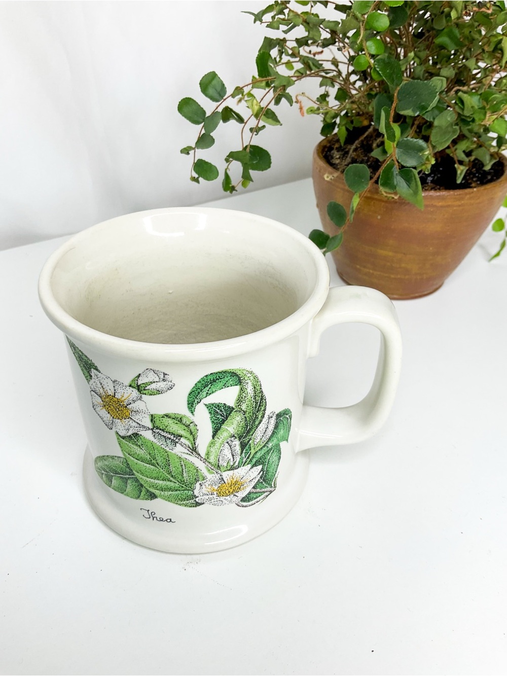 VINTAGE LAUFFER Japan White Ceramic Botanical Mug with Green Leaf Design